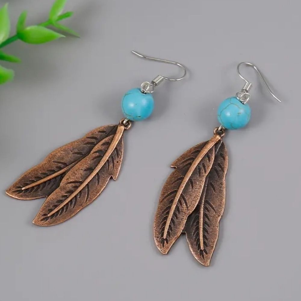 Copper feather Earrings with Turquoise bead accent dangle